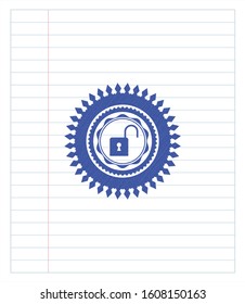 open lock icon pen emblem. Blue ink. Vector Illustration. Detailed.