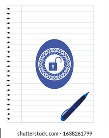 open lock icon pen strokes emblem. Blue ink. Vector Illustration. Detailed.