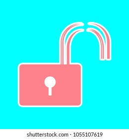 Open lock icon. Vector. Magenta icon with white sticker contour at sky blue background. Isolated.
