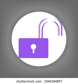 Open lock icon. Vector. Violet icon on white circle with shadow at gray background.