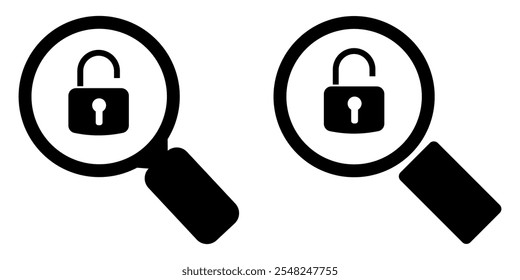 Open lock and magnifying glass icon. Protection against hacking. Protect your site