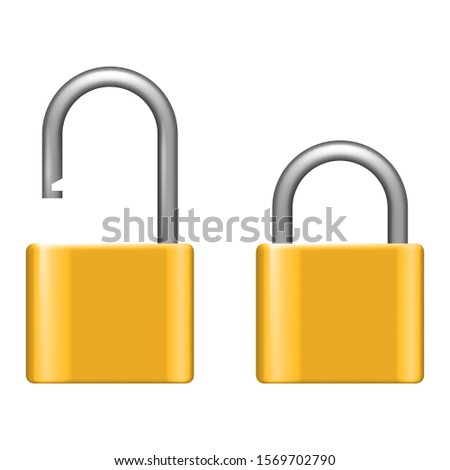 Open lock metal lock 3d realistic security safeguard decoration object isolated on white vector set illustration