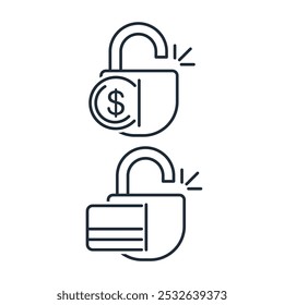 Open the lock with money. Pay for access. Vector linear icon isolated on white background.