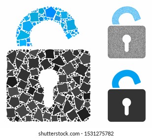Open lock mosaic of abrupt pieces in different sizes and color tints, based on open lock icon. Vector uneven pieces are grouped into mosaic. Open lock icons collage with dotted pattern.