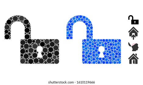 Open lock mosaic of spheric dots in variable sizes and color tints, based on open lock icon. Vector dots are combined into blue collage. Dotted open lock icon in usual and blue versions.