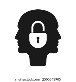 Open lock on double profile men graphic icon. Psychology and psychoanalysis sign isolated on white background. Mental health symbol. Vector illustration