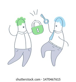 Open the lock, padlock with key, find solution, get access, unlocking, password, privacy icon concept. Two cartoon characters with the lock and key. Thin line isolated ui vector illustration on white