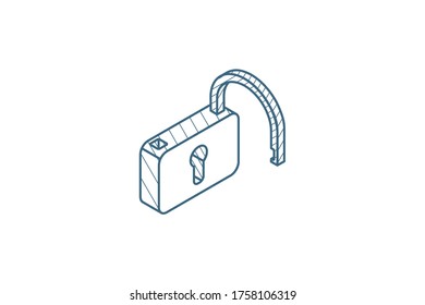 open lock, password access isometric icon. 3d vector illustration. Isolated line art technical drawing. Editable stroke