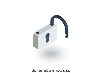 open lock, password, access isometric flat icon. 3d vector colorful illustration. Pictogram isolated on white background