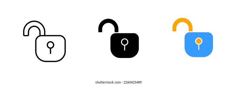 Open lock. Privacy, personal data protection, private information, restricted access, identity verification. Vector set icon in line, black and colorful styles isolated on white background