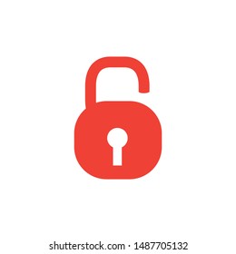 Open Lock Red Icon On White Background. Red Flat Style Vector Illustration.