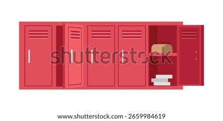 Open locker illustration. Storage locker. Locked locker. Red cupboard. School lockers.