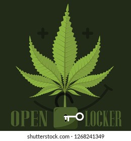 Open locker of Marijuana or cannabis leaf, medical. Isolated on green background. vector illustration.