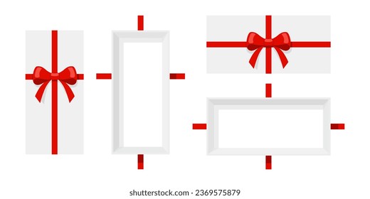 Open a long mystery gift box horizontal and vertical with a red ribbon on isolated white background. Random secret loot box top view concept. Vector illustration cartoon flat design.