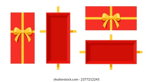 Abre una larga caja de regalo de misterio horizontal y vertical con una cinta amarilla sobre fondo blanco aislado. Concepto de vista superior de la caja de saqueo secreto aleatorio. Diseño plano de dibujos animados de ilustraciones vectoriales.