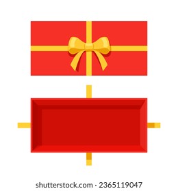 Open a long mystery red gift box with a yellow ribbon on isolated white background. Random secret loot box top view concept. Vector illustration cartoon flat design.