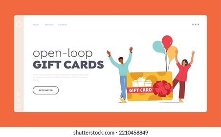 Open Loop Gift Cards Landing Page Template. Customers Care and Loyalty Program, Consumerism, Offer Concept. Man and Woman Buyers Celebrate with Huge Gift Card and Balloons. Cartoon Vector Illustration