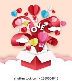 Open love gift box with hearts, hot air balloons, ribbons flying out of it. Vector illustration in paper art craft style. Romantic love. Happy Valentines Day greeting card, poster, banner template.