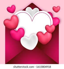 Open Love Letter Envelope Decorated with Glossy Hearts on Pastel Pink Background.