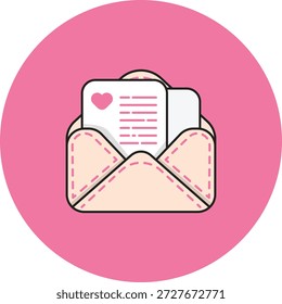 Icono abierto del sobre de la letra del amor en Vector plano del círculo rosado. Ilustración vectorial plana de un sobre abierto con una carta de amor en el interior, con detalles de corazón, colocada sobre un fondo circular rosa. Icono de comunicación lindo y romántico adecuado para temas de San Valentín, App de citas, interfaz de usuario de mensajería, diseños de bodas y proyectos románticos.