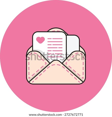 Open Love Letter Envelope Icon in Pink Circle Flat Vector. Flat vector illustration of an open envelope with a love letter inside, featuring heart details, placed on a pink circular background. Cute and romantic communication icon suitable for Valentine themes, dating apps, messaging UI, wedding designs, and romantic projects.
