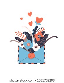 Open love letter with flowers inside over envelope vector illustration