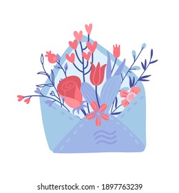 Open love letter with flowers inside over envelope. Flat hand drawn vector illustration for Valentine's day card or banner