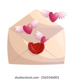 An open love letter with flying hearts on a white background. The concept of romance, love, Valentine's day. Isolated vector illustrations for posters, banners, postcards, invitations, and covers.