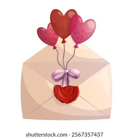 An open love letter with heart-shaped balloons on a white background. The concept of romance, love, Valentine's day. Isolated vector illustrations for posters, banners, postcards, invitations.