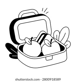 Open the lunch box with fruit and food items.