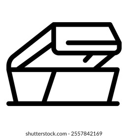 Open lunchbox with sandwich inside, side view, simple black line icon isolated on white background