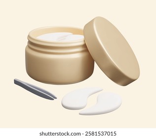 Open luxury gold eye patches cosmetic jar with tweezers applicator 3D realistic vector illustration. Korean skincare treatment, beauty cosmetic product,  hydrating collagen gel eye patches 3D vector.