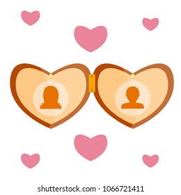 Open luxury retro vintage stylized pink gold wood brown wood gold beige love lovers amulet medalion heart locket face male female silhouette Modern flat vector illustration icon on white