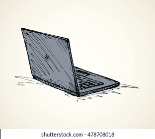 Open MacBook isolated on white backdrop. Monochrome freehand linear black ink hand drawn object sketchy in art scrawl style pen on paper. Rear view closeup with space for text