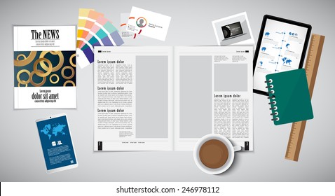 Open magazine and desk accessories, vector Illustration