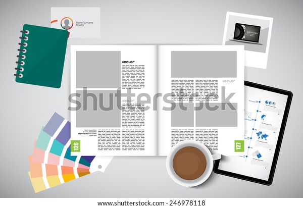 Open Magazine Desk Accessories Vector Illustration Stock Vector