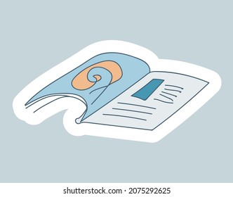 Open magazine is lying. Reading publications on the pages, learning new things and having fun. Winter Hygge. Vector illustration in Scandinavian, Nordic style. Hand drawn and Sticker design.