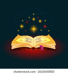 An open magic book. The activation process. Vector illustration