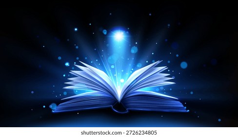 Abra el libro mágico con la luz brillante que brilla intensamente sobre fondo negro. Vector ilustración realista de páginas de la Biblia sagrada, viejo libro de hechizos con tapa dura y destellos, literatura de educación, milagro de la sabiduría