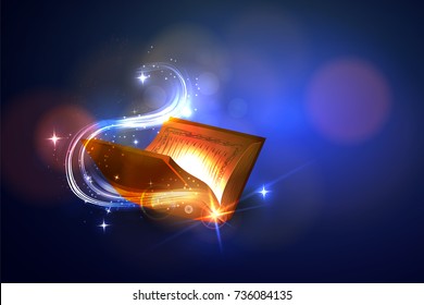Open The Magic Book With Bright Lights. Vector Illustration.
