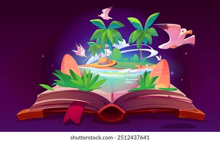 Open magic book with fairytale scene on paper pages - tropical island with clear water, hat on sand beach, palm trees and seagulls in sky. Cartoon vector fantasy imagine story on sheets of literature.