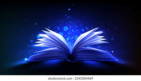 Open magic book with fantasy blue light vector. Mystery fairytale handbook side with wizard spell glow. 3d sorcery dust sparkle on page. Realistic myth study object at night. Fairy tale literature