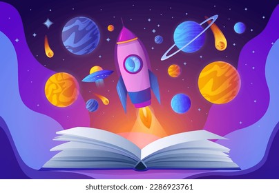 Libro mágico abierto con fantasía en el espacio exterior, educación, ciencia y lectura concepto de ilustración vectorial. La nave espacial de cohetes de caricatura, estrellas y planetas del universo sobrevolando interesantes páginas de libros