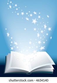 Open magic book with flying shining stars