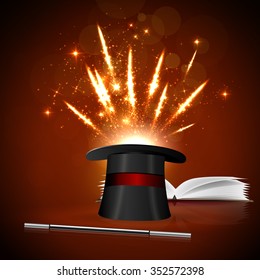 Open magic book, magic hat and wand with bright lights.