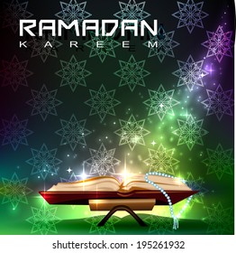Open magic book with magic light. Beautiful greeting card design for Ramadan Kareem.