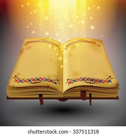 Open magic book with the light and sparkles. EPS 10. Transparent objects used only for light effects and drop shadow. Vector Illustration