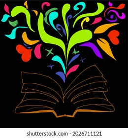 Open magic book on a black background
