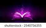 Open magic book radiating bright pink light with sparkling particles rising upward on dark background. Glowing pages spread enchanted illumination through starry space. Realistic fantasy literature.