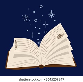 Open magic book radiating magic on dark background. Pages spilling magic. Hand drawn vector illustration.